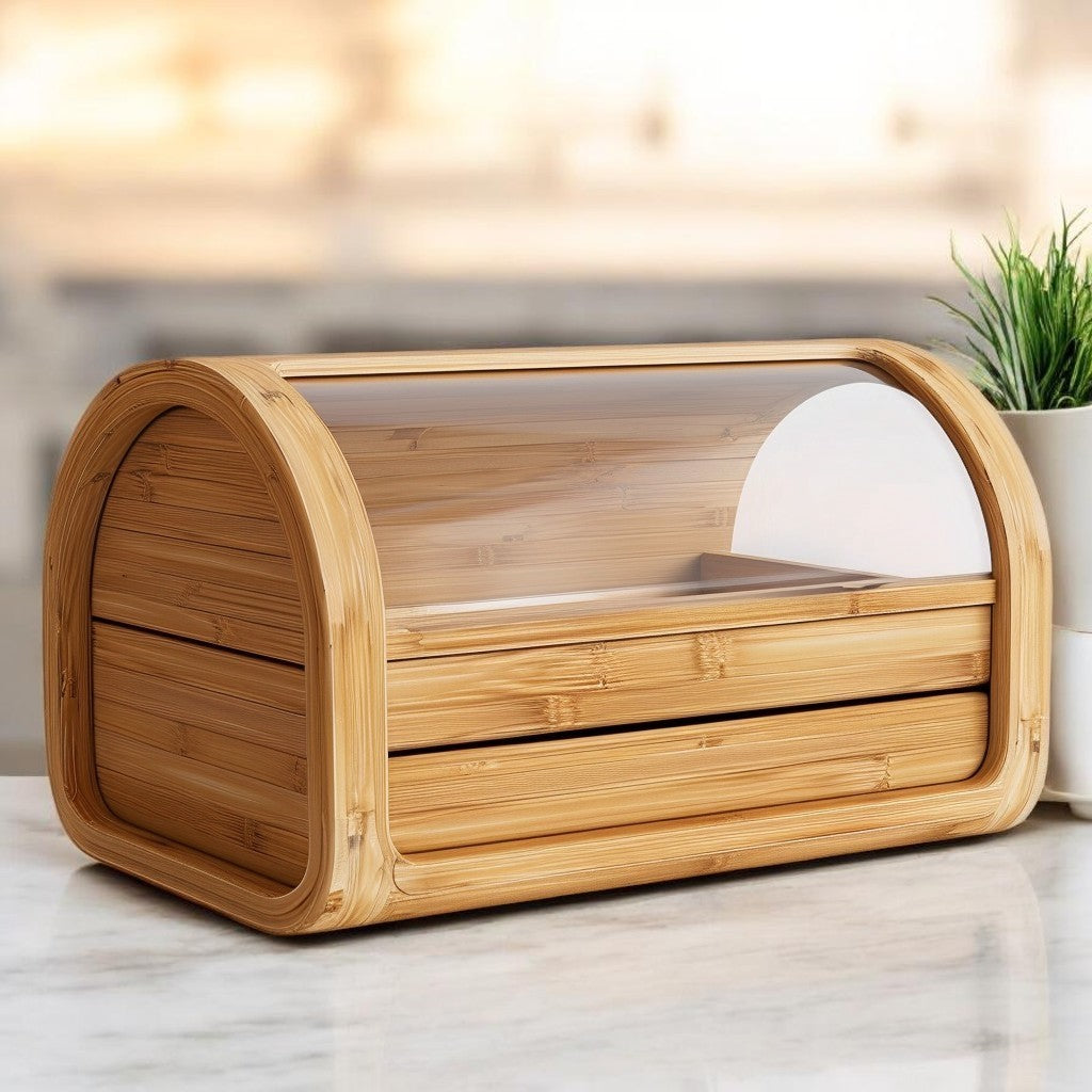 Kovanis Eco-Friendly Bamboo Bread Box - Large Double Layer Kitchen Food Storage Bin with Acrylic Window