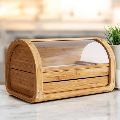 Kovanis Eco-Friendly Bamboo Bread Box - Large Double Layer Kitchen Food Storage Bin with Acrylic Window