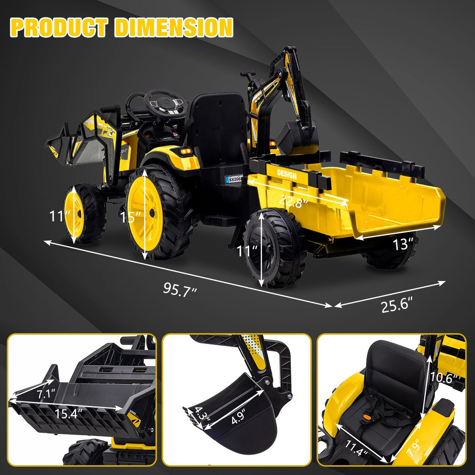 3-in-1 Ride-On Tractor, 24V Electric, Excavator & Bulldozer, Remote Control, LED, Music, USB/Bluetooth max 66 lbs – Bright-yellow