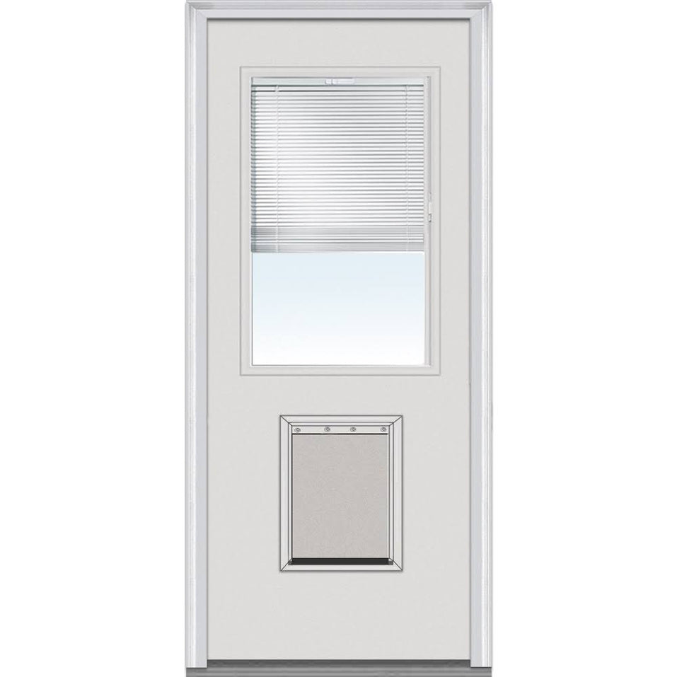 National Door Company Steel Exterior Door, Primed, 1/2 Lite with Clear Glass Internal Blinds & Pet Door, Right Hand Inswing, 32x80