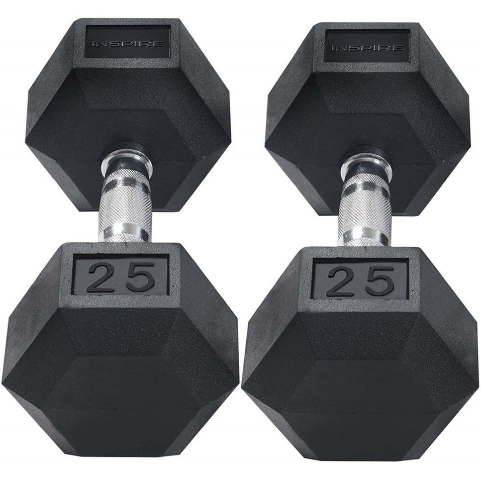 Inspire Fitness 210 lb. (5-30 lb.) Rubber Dumbbell Set with 6 pair Vertical Rack
