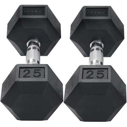 Inspire Fitness 210 lb. (5-30 lb.) Rubber Dumbbell Set with 6 pair Vertical Rack
