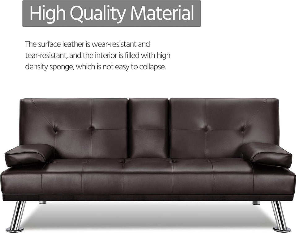 Yaheetech Convertible Sofa Bed Adjustable Couch Sleeper Modern Faux Leather Home Recliner Reversible Loveseat Folding Daybed Guest Bed, Removable Armrests, Cup Holders, 3 Angles, 772lb Capacity, Black
