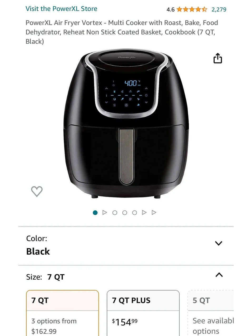 PowerXL Air Fryer Vortex Multi-Cooker, Roast/Bake/Dehydrate/Reheat, Non-Stick Basket, Includes Cookbook
