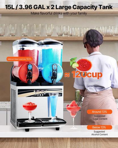 VEVOR Slushy Machine, 15Lx2 Double Tank Commercial Margarita Machine, 120 Cups Stainless Steel Margarita Smoothie Frozen Drink Machine, Slushie Machine for Home Party Restaurants Cafe Bars