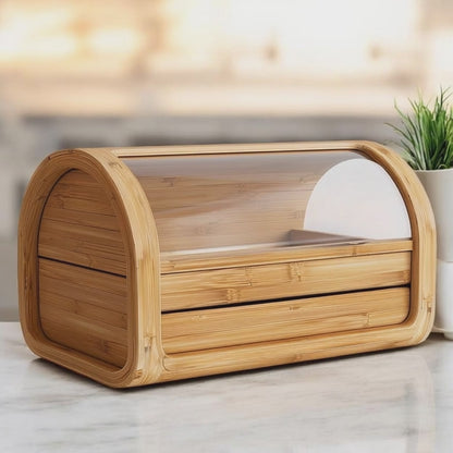 Kovanis Eco-Friendly Bamboo Bread Box - Large Double Layer Kitchen Food Storage Bin with Acrylic Window